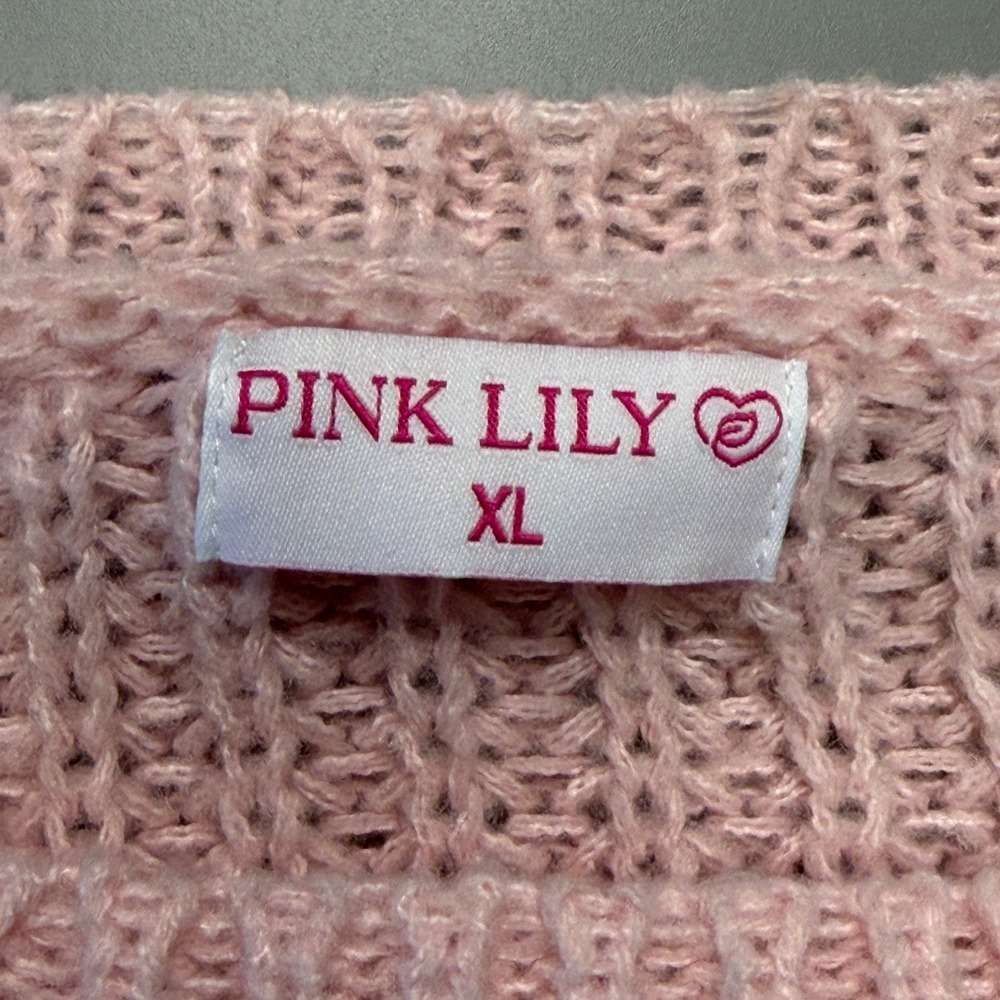 Pink Lily Heart Sweater XL Pullover Long Sleeve Cozy Knit Crew Neck Top - Picture 4 of 5